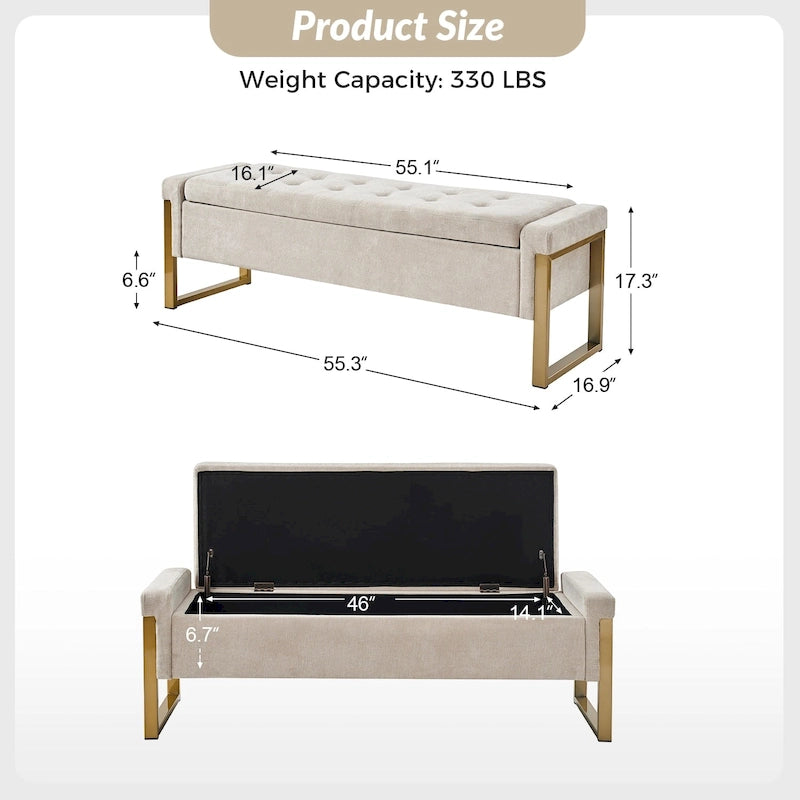 Modern Upholstered Flip Top Storage Bench with Metal Legs