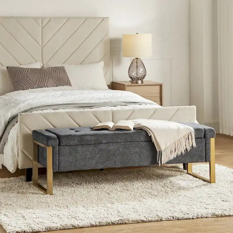 Modern Upholstered Flip Top Storage Bench with Metal Legs