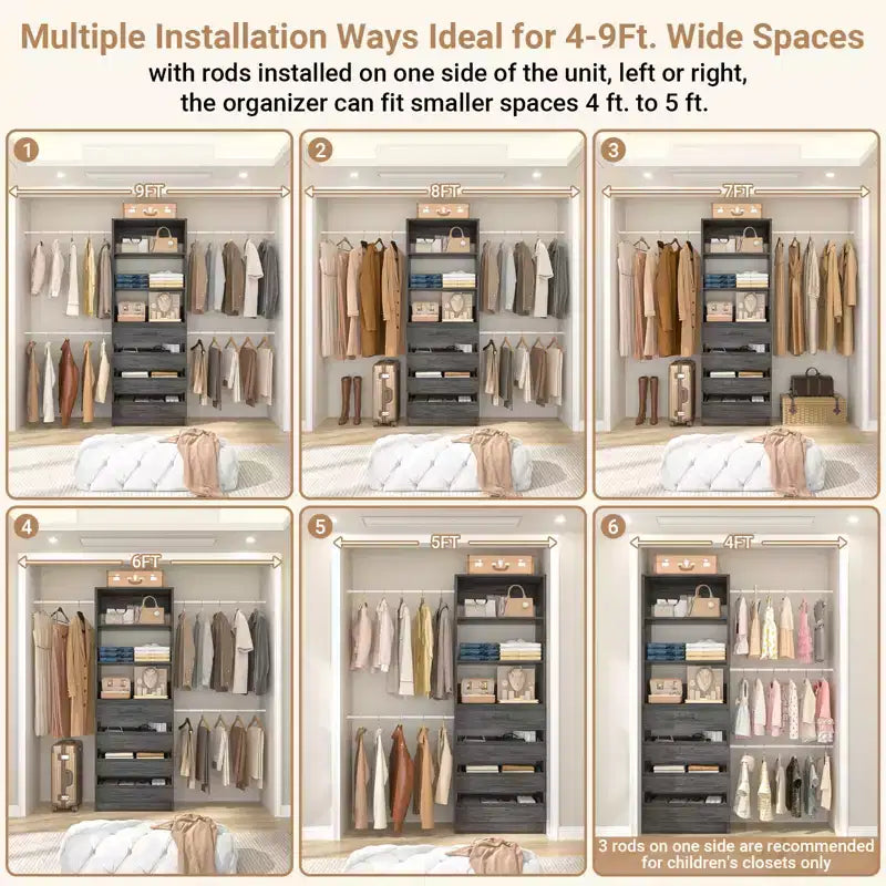Système d'aménagement de dressing en bois Besiost de 4 à 9 pi avec 4 tiroirs, 4 tringles et des colonnes d'étagères