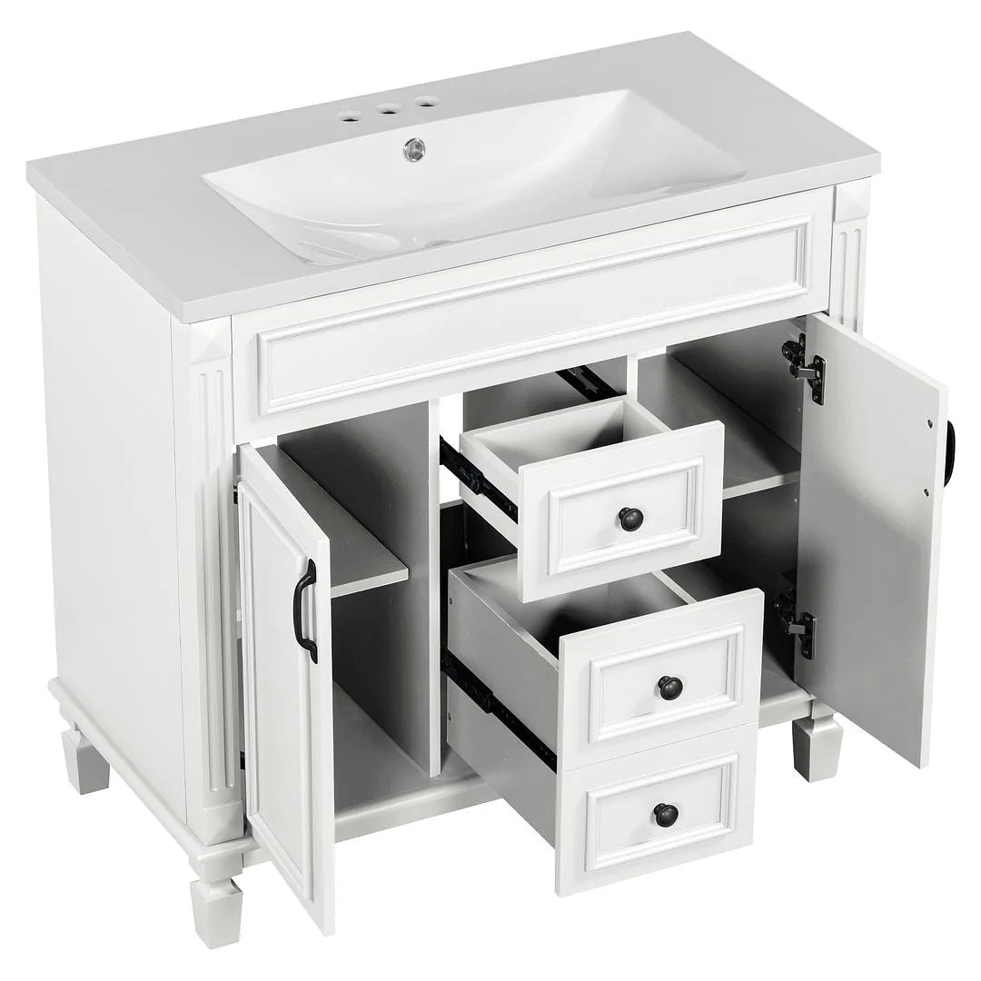 36'' Modern Bathroom Vanity with Top Sink and Mirror Cabinet,2 Doors and 2 Drawers