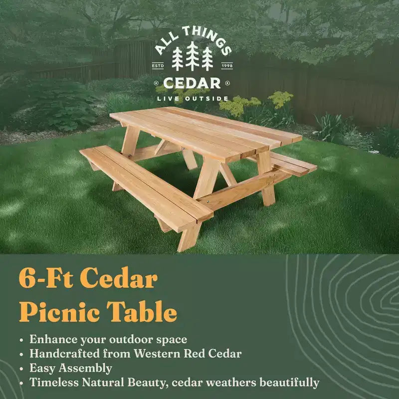 Table de pique-nique d'extérieur All Things Cedar de 6 pieds, ensemble de bancs de terrasse en bois fabriqué à la main pour le camping, les fêtes dans le jardin ou les rassemblements d'avant-match, cèdre rustique