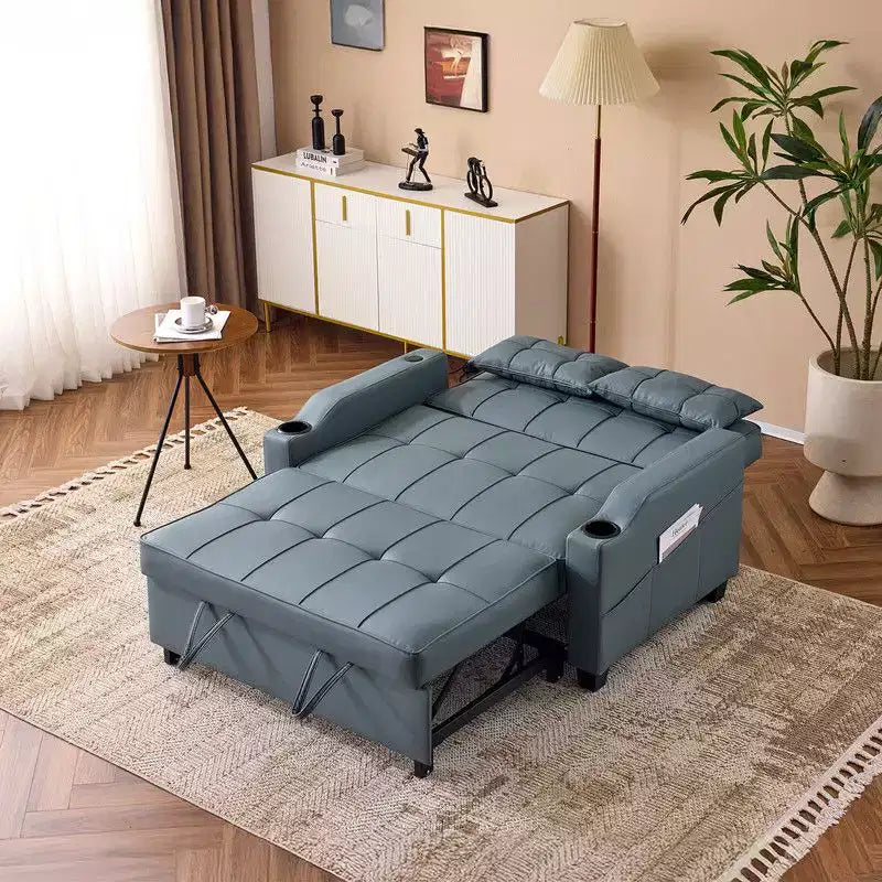 Gepolsterte, umwandelbare Schlafcouch mit Relaxfunktion aus Cat's-Claw-Leder, Kissen inklusive, für kleine Räume
