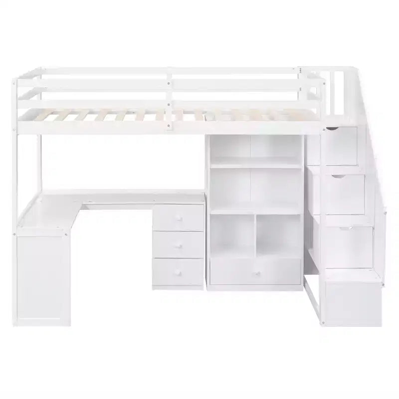 Hoogslaper voor een eenpersoonsmatras met L-vormig bureau, 3 laden, kast, opbergruimte in de trap, gemaakt van massief grenenhout/MDF