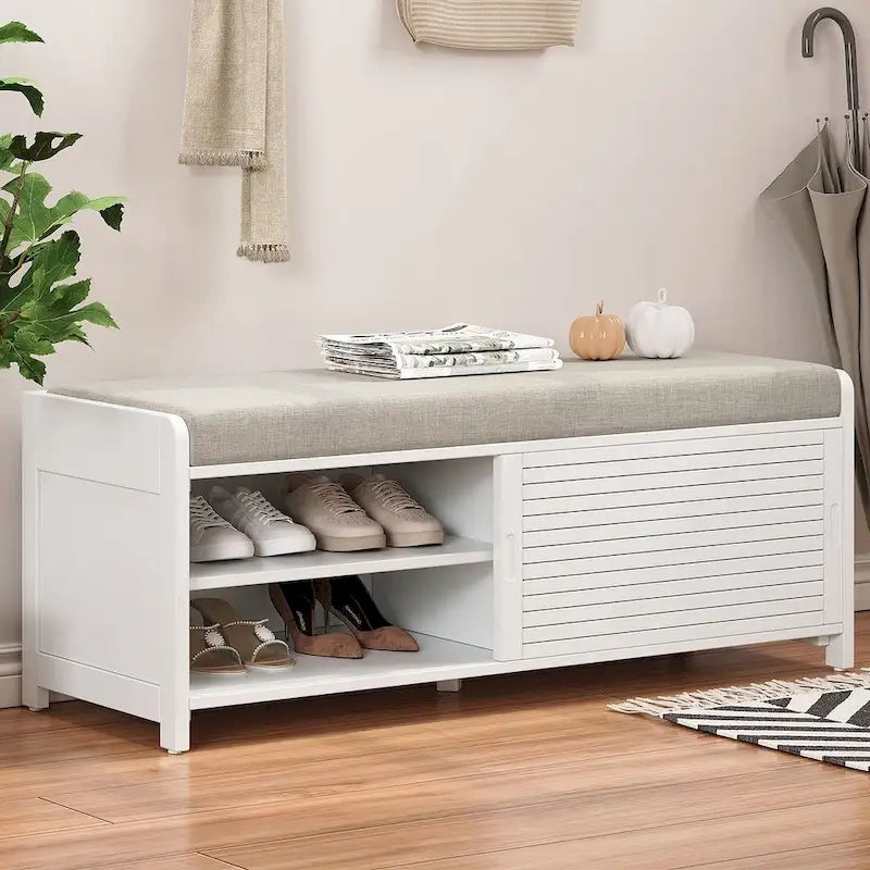 Banc de rangement en bois massif de 43.30 pouces avec persiennes vieillies contemporaines