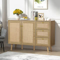 Mid-century modern buffetkast van hout en rotan met 2 deuren, keukenkast met 3 laden en opbergruimte