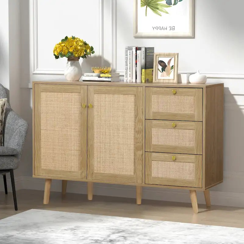 Modernes Sideboard im Mid-Century-Stil mit 2 Türen aus Holz und Rattan, Küchenschrank mit 3 Schubladen