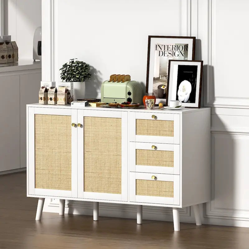 Modernes Sideboard im Mid-Century-Stil mit 2 Türen aus Holz und Rattan, Küchenschrank mit 3 Schubladen
