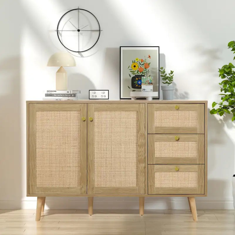 Mid-century modern buffetkast van hout en rotan met 2 deuren, keukenkast met 3 laden en opbergruimte