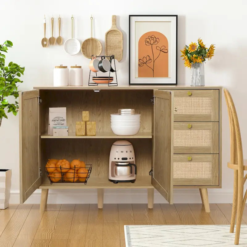Mid-century modern buffetkast van hout en rotan met 2 deuren, keukenkast met 3 laden en opbergruimte