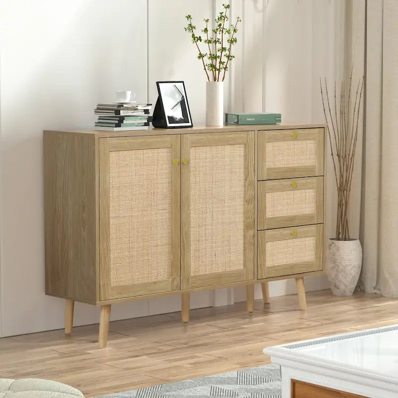 Modernes Sideboard im Mid-Century-Stil mit 2 Türen aus Holz und Rattan, Küchenschrank mit 3 Schubladen