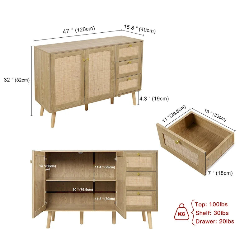 Modernes Sideboard im Mid-Century-Stil mit 2 Türen aus Holz und Rattan, Küchenschrank mit 3 Schubladen