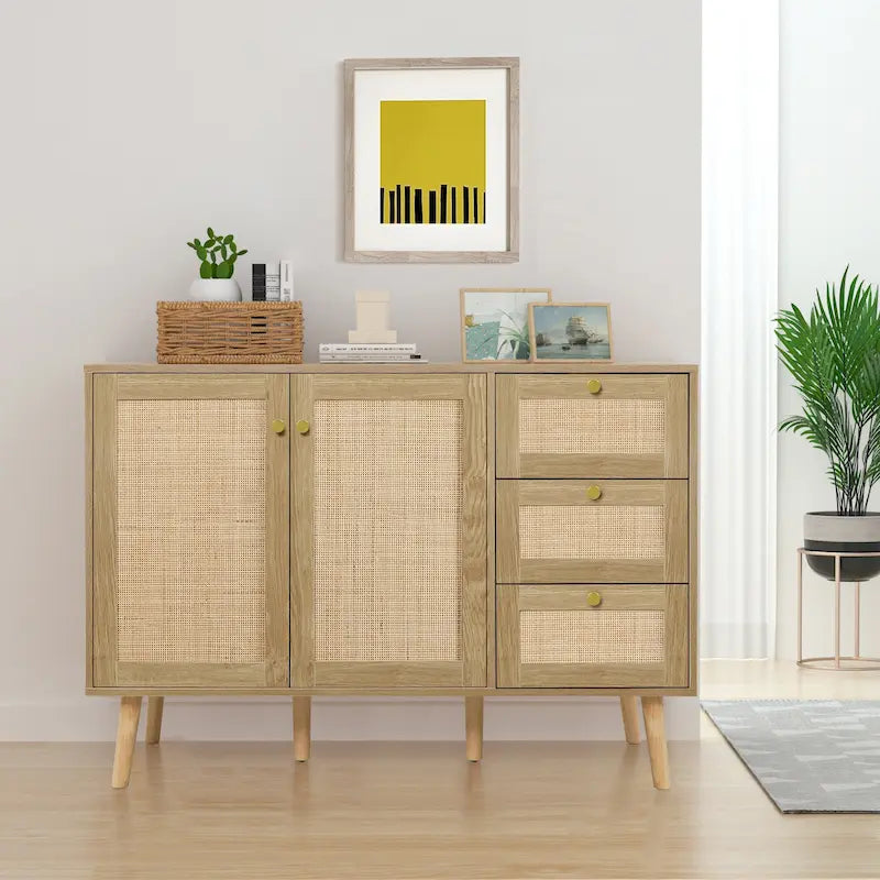 Mid-century modern buffetkast van hout en rotan met 2 deuren, keukenkast met 3 laden en opbergruimte