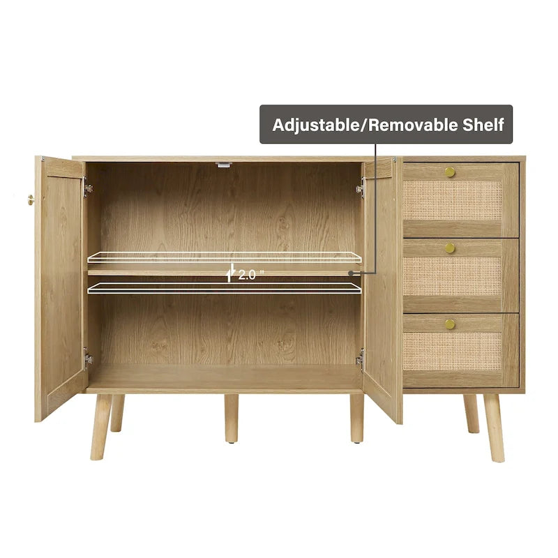 Mid-century modern buffetkast van hout en rotan met 2 deuren, keukenkast met 3 laden en opbergruimte
