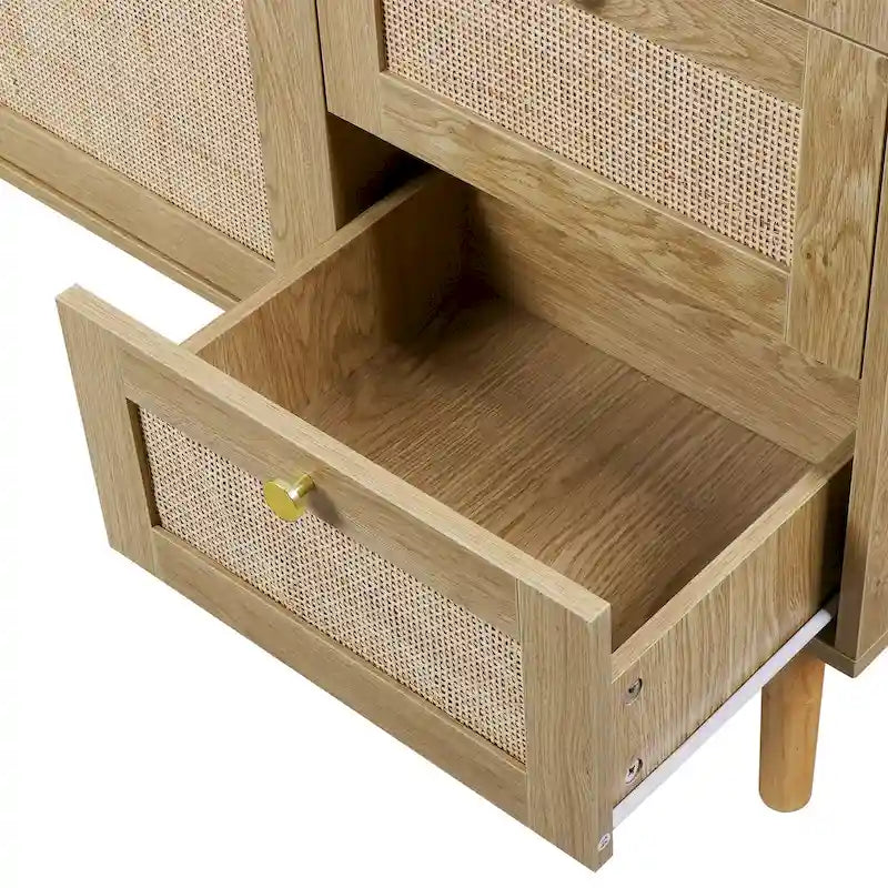 Mid-century modern buffetkast van hout en rotan met 2 deuren, keukenkast met 3 laden en opbergruimte