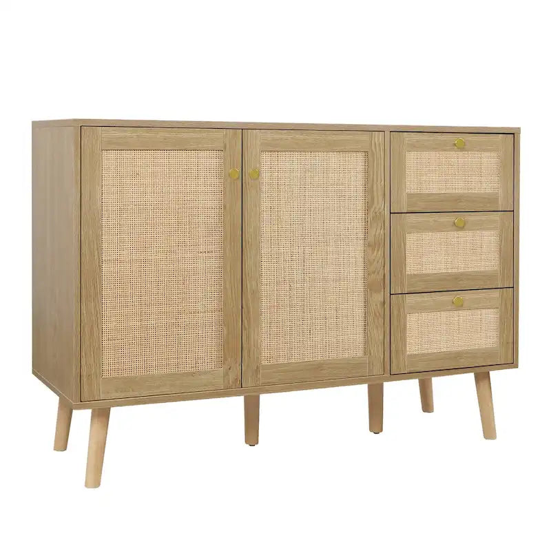Mid-century modern buffetkast van hout en rotan met 2 deuren, keukenkast met 3 laden en opbergruimte