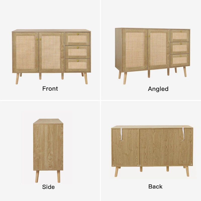 Mid-century modern buffetkast van hout en rotan met 2 deuren, keukenkast met 3 laden en opbergruimte