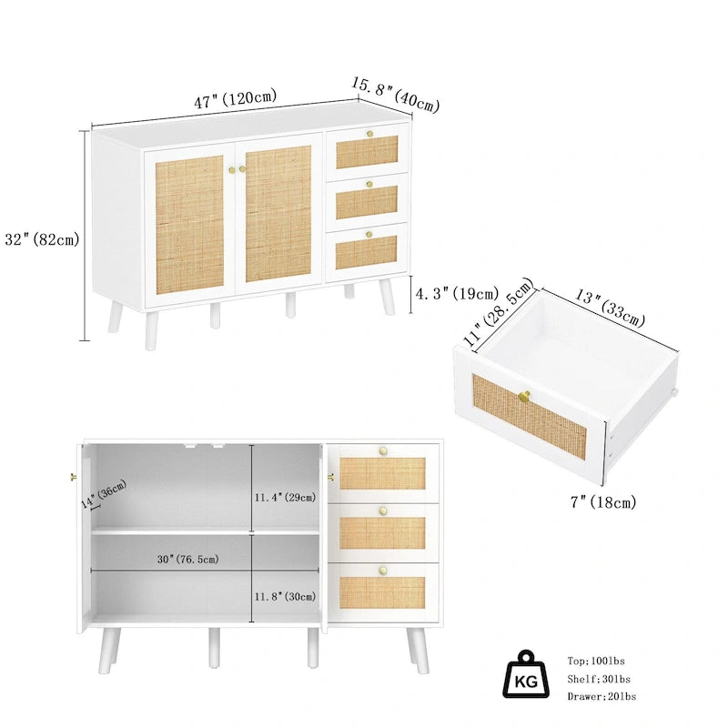 Mid-century modern buffetkast van hout en rotan met 2 deuren, keukenkast met 3 laden en opbergruimte