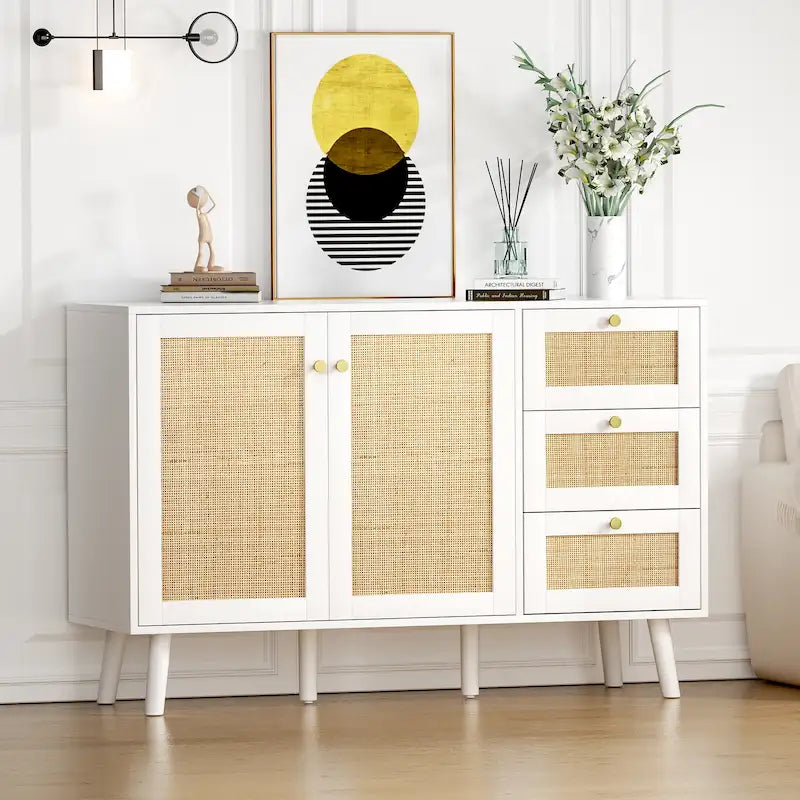 Mid-century modern buffetkast van hout en rotan met 2 deuren, keukenkast met 3 laden en opbergruimte