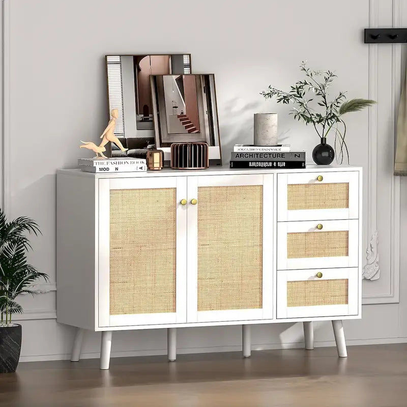 Mid-century modern buffetkast van hout en rotan met 2 deuren, keukenkast met 3 laden en opbergruimte