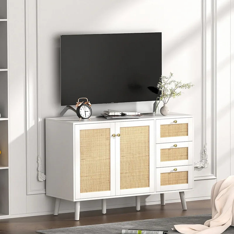 Mid-century modern buffetkast van hout en rotan met 2 deuren, keukenkast met 3 laden en opbergruimte