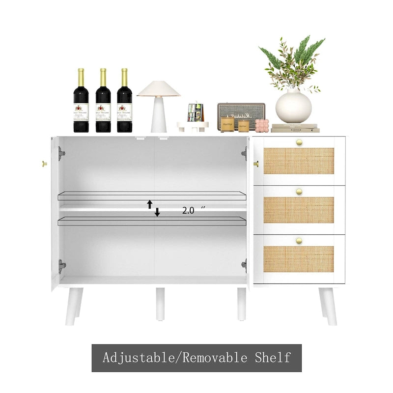Mid-century modern buffetkast van hout en rotan met 2 deuren, keukenkast met 3 laden en opbergruimte