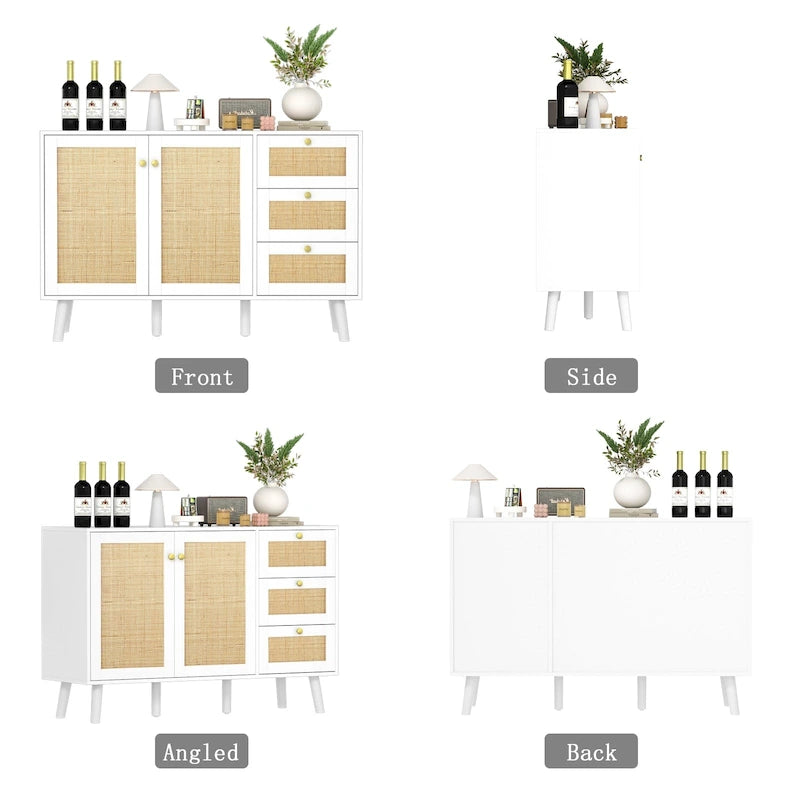 Mid-century modern buffetkast van hout en rotan met 2 deuren, keukenkast met 3 laden en opbergruimte