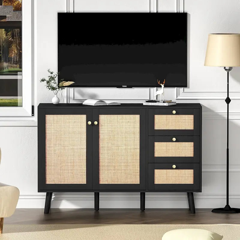 Mid-century modern buffetkast van hout en rotan met 2 deuren, keukenkast met 3 laden en opbergruimte