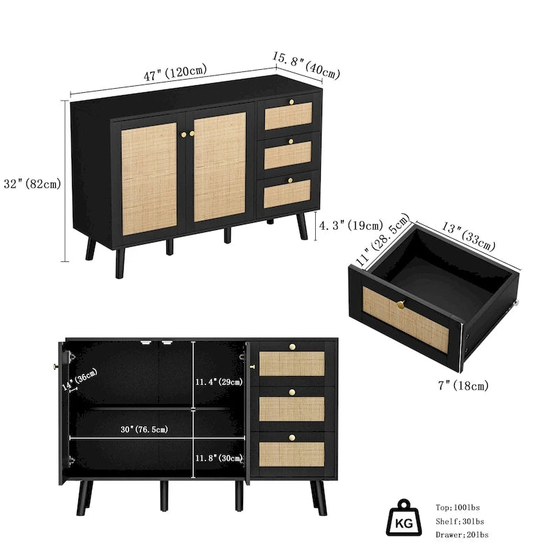Mid-century modern buffetkast van hout en rotan met 2 deuren, keukenkast met 3 laden en opbergruimte