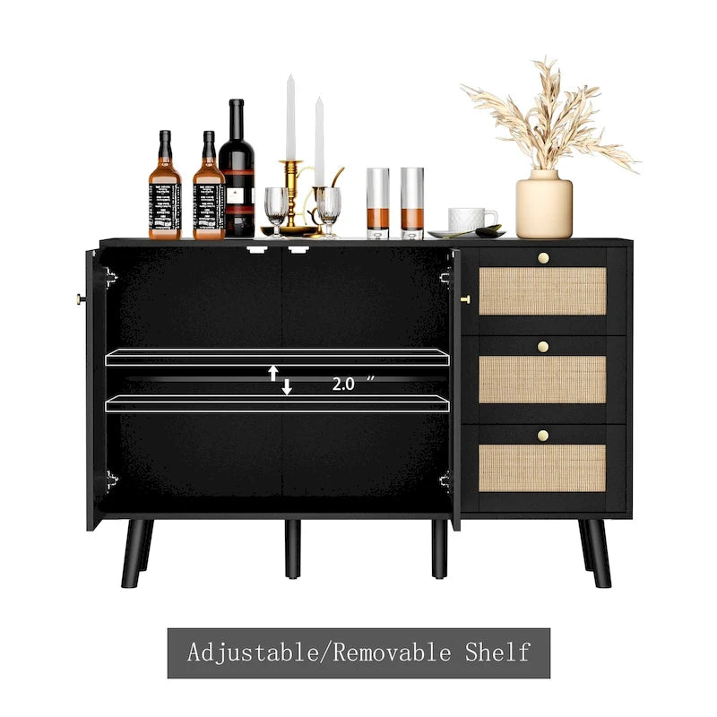 Mid-century modern buffetkast van hout en rotan met 2 deuren, keukenkast met 3 laden en opbergruimte