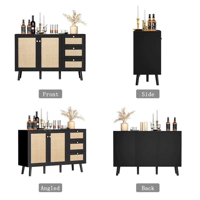 Mid-century modern buffetkast van hout en rotan met 2 deuren, keukenkast met 3 laden en opbergruimte