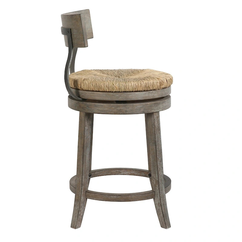 Drehbarer Barhocker im Landhausstil aus Holz und Stahl mit Sitzfläche aus natürlichem Seegras