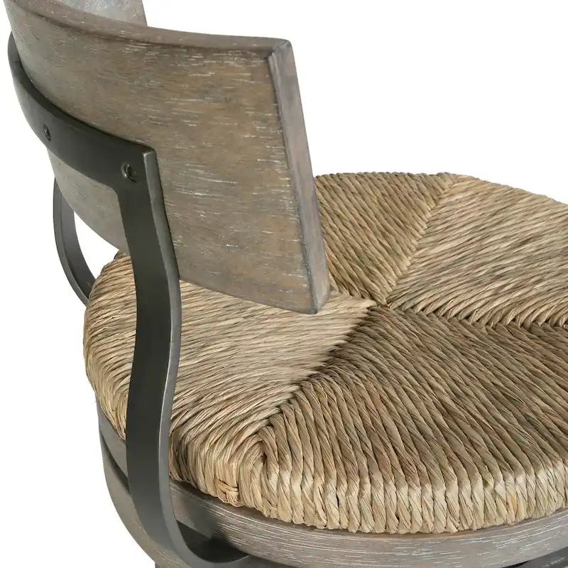 Drehbarer Barhocker im Landhausstil aus Holz und Stahl mit Sitzfläche aus natürlichem Seegras