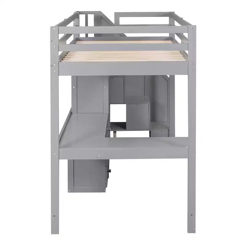 Hoogslaper voor een eenpersoonsmatras met L-vormig bureau, 3 laden, kast, opbergruimte in de trap, gemaakt van massief grenenhout/MDF