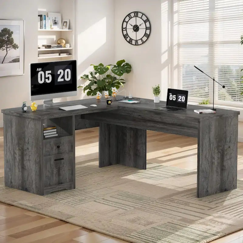 L-förmiger Schreibtisch im modernen Landhausstil mit aufklappbarer Tischplatte, Ladestation und Aktenschubladen für das Homeoffice