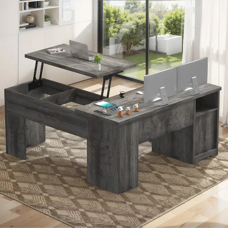 L-förmiger Schreibtisch im modernen Landhausstil mit aufklappbarer Tischplatte, Ladestation und Aktenschubladen für das Homeoffice
