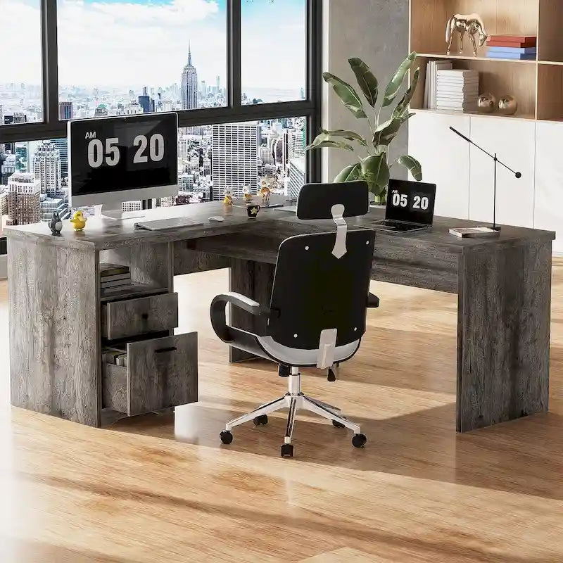 L-förmiger Schreibtisch im modernen Landhausstil mit aufklappbarer Tischplatte, Ladestation und Aktenschubladen für das Homeoffice