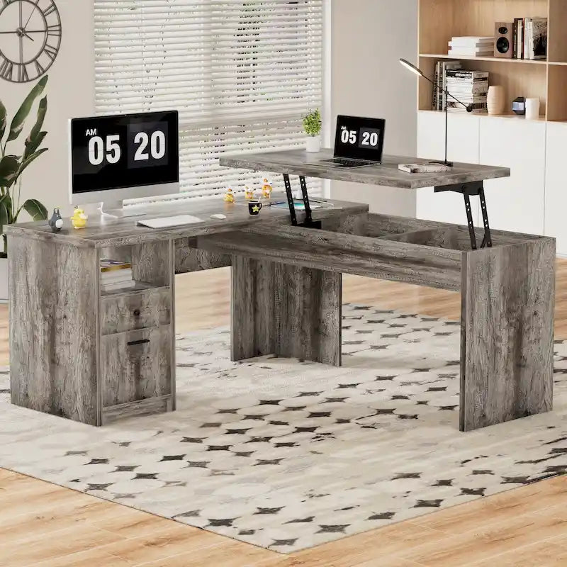 Modern Farmhouse Lift Top L-Shaped Desk with Charge Station, Corner Desk with File Drawers for Home Office