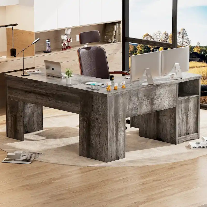 Modern Farmhouse Lift Top L-Shaped Desk with Charge Station, Corner Desk with File Drawers for Home Office