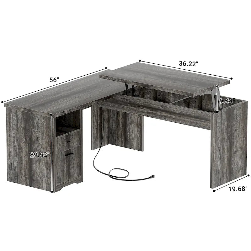 Modern Farmhouse Lift Top L-Shaped Desk with Charge Station, Corner Desk with File Drawers for Home Office