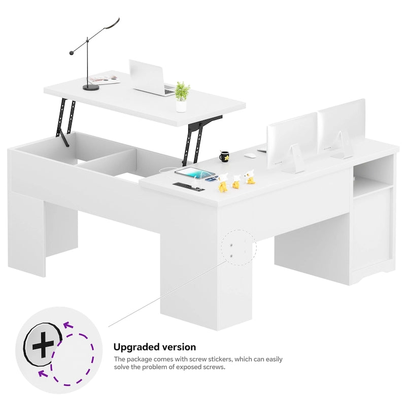Modern Farmhouse Lift Top L-Shaped Desk with Charge Station, Corner Desk with File Drawers for Home Office