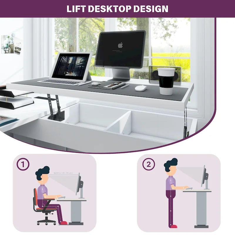Modern Farmhouse Lift Top L-Shaped Desk with Charge Station, Corner Desk with File Drawers for Home Office