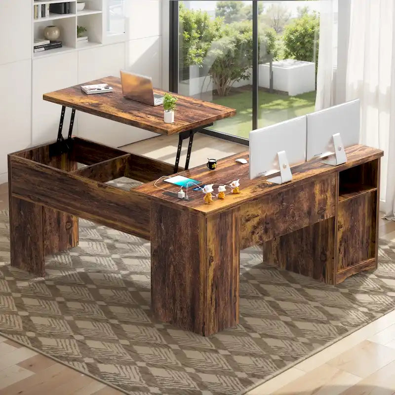 Modern Farmhouse Lift Top L-Shaped Desk with Charge Station, Corner Desk with File Drawers for Home Office