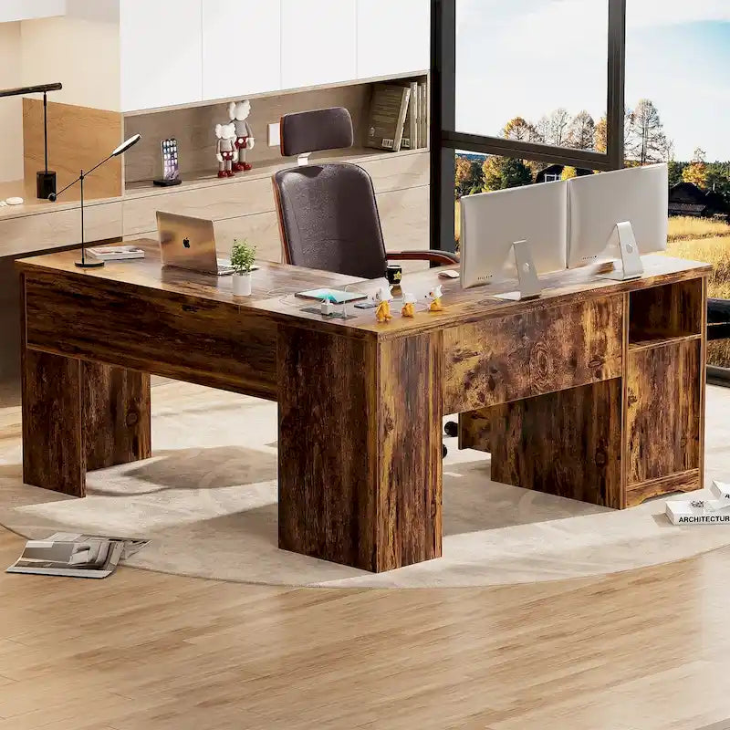 Modern Farmhouse Lift Top L-Shaped Desk with Charge Station, Corner Desk with File Drawers for Home Office