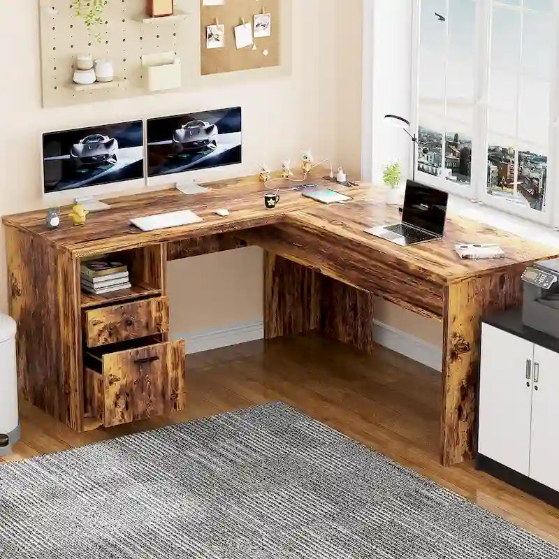 Modern Farmhouse Lift Top L-Shaped Desk with Charge Station, Corner Desk with File Drawers for Home Office