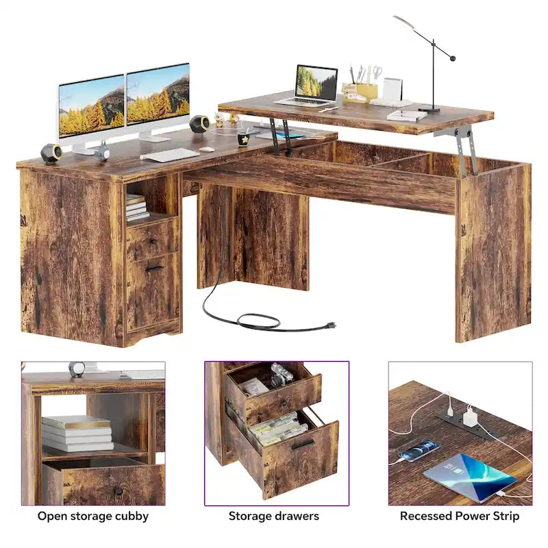 Modern Farmhouse Lift Top L-Shaped Desk with Charge Station, Corner Desk with File Drawers for Home Office