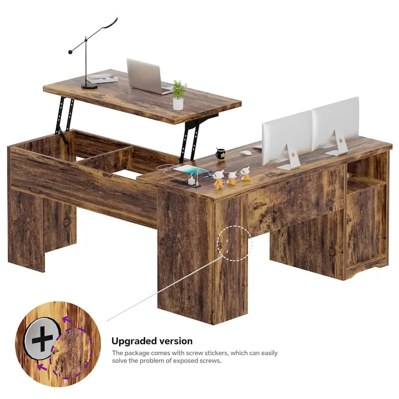 Modern Farmhouse Lift Top L-Shaped Desk with Charge Station, Corner Desk with File Drawers for Home Office