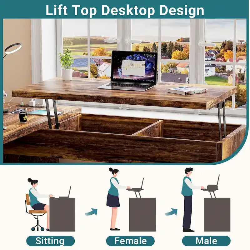 Modern Farmhouse Lift Top L-Shaped Desk with Charge Station, Corner Desk with File Drawers for Home Office