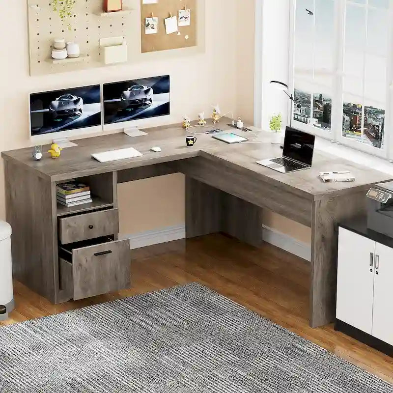 Modern Farmhouse Lift Top L-Shaped Desk with Charge Station, Corner Desk with File Drawers for Home Office