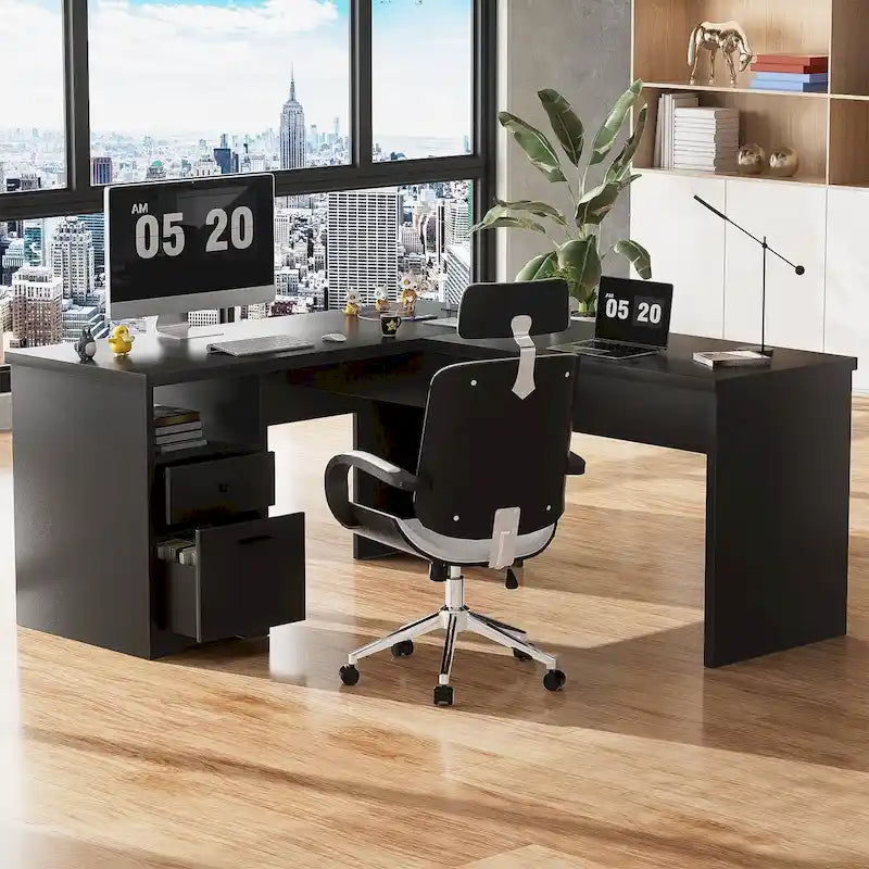 Modern Farmhouse Lift Top L-Shaped Desk with Charge Station, Corner Desk with File Drawers for Home Office