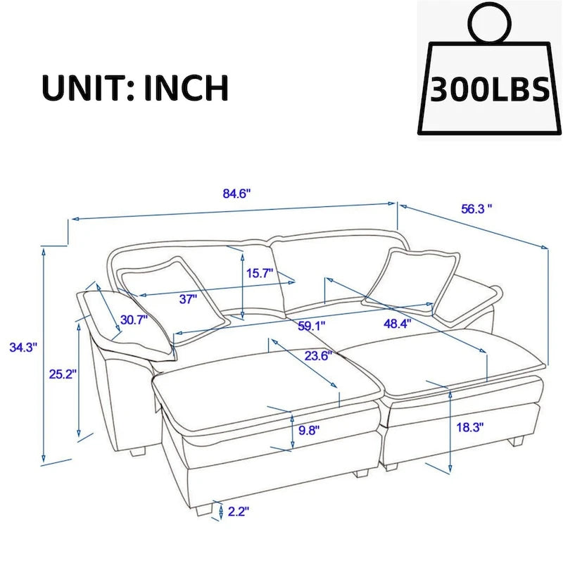 Modernes 2-Sitzer-Cordsofa mit 4 Stützkissen und 2 Hockern